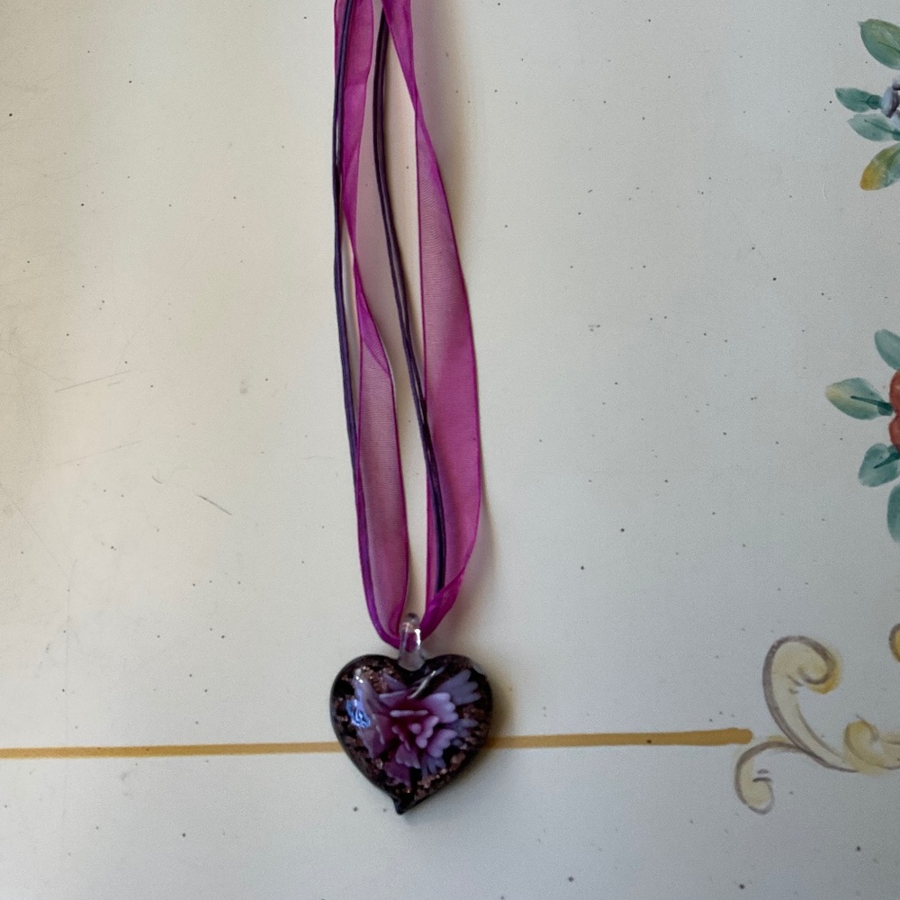 Vintage glass heart necklace, fuchsia cord and ribbon, 18”.
